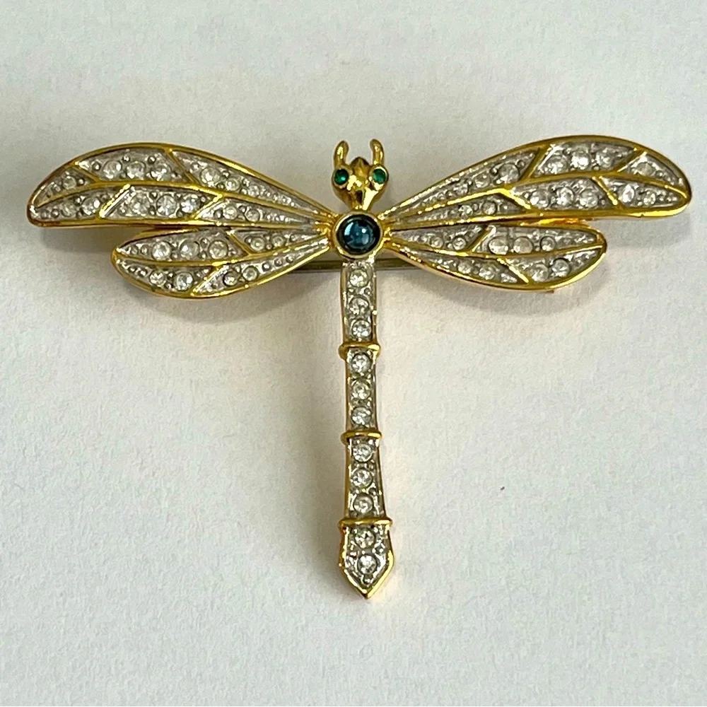 Golden Crystal Dragonfly Brooch Pin 1.25" - Picture 3 of 10